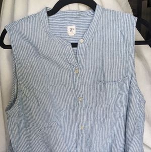 GAP Button-Up Striped Sleeveless Blouse Knotted Waist Linen Cotton Blend, Large